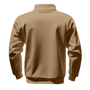 Detailed back view of men's heavy weight khaki fleece sweatshirt with stand collar