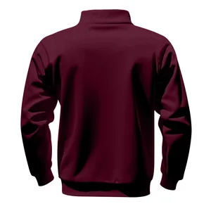 Detailed back view of a men's heavyweight burgundy fleece sweatshirt featuring standing collar