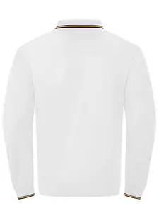 Vue arrière d'un polo blanc à manches longues pour homme avec détails rayés au col
