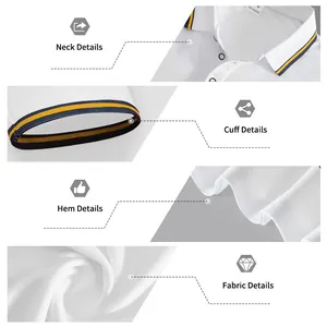 Détails d'un polo de golf blanc pour homme avec accents rayés au col et aux poignets.