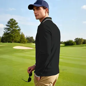 Polo de golf noir à manches longues pour homme avec col rayé, parfait pour un style décontracté.