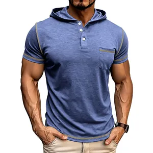 T-shirt Henley à capuche pour homme, bleu, manches courtes, coupe athlétique avec poche