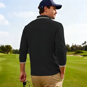 Vue arrière détaillée du polo noir à manches longues pour homme, col et poignets rayés