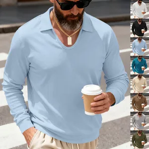 Polo à manches longues en maille gaufrée pour homme, col en V, disponible en 8 couleurs