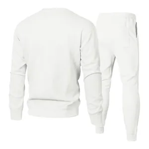 Back view of white jacquard knit men's sports casual sweatshirt and joggers tracksuit set