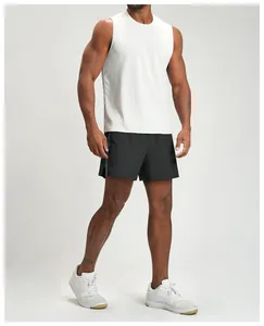 Close-up view of men's breathable quick-dry athletic shorts with grey side stripe detail