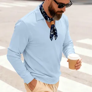 Polo à manches longues bleu clair en maille gaufrée pour homme pour un look d'automne