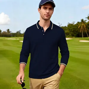 Polo classique à manches longues bleu marine pour homme, idéal pour le golf