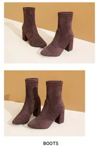 Braune Stretch-Stiefeletten aus Wildleder mit spitzer Zehenpartie und Blockabsatz