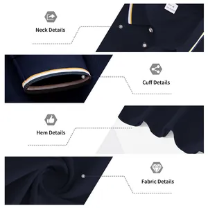 Photos détaillées du polo bleu marine montrant le col, les poignets et la texture du tissu.