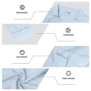Détails rapprochés du polo à manches longues en maille gaufrée bleu clair, tissu et ourlet.