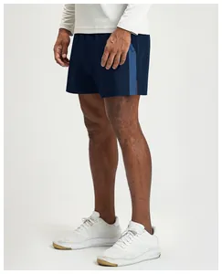 Detailed side view of men's navy blue quick-dry breathable sports shorts for fitness