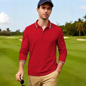 Polo rouge à manches longues respirant pour homme, idéal pour le golf et les loisirs d'automne