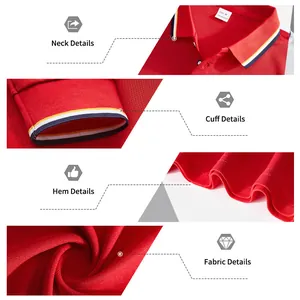 Détails d'un polo rouge à manches longues montrant le col, les poignets et la texture piquée.