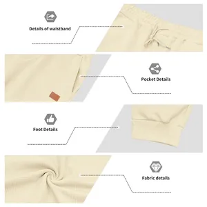 Detailed views of cream jacquard knit joggers showing waistband, pocket, and cuff