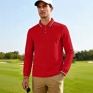 Polo de golf classique rouge à manches longues pour hommes avec détails de col rayé sur champ