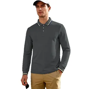 Polo homme à manches longues gris, style golf, tissu jacquard, design respirant