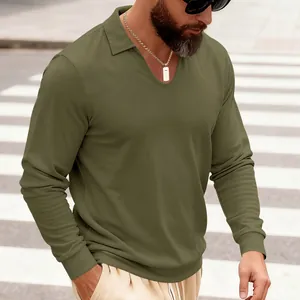 Polo à manches longues pour hommes en maille gaufrée vert olive coupe décontractée