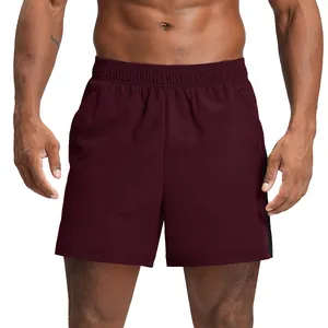 Men's quick-dry burgundy sports shorts with side black stripes for fitness and hiking