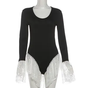 Elegant black long-sleeved bodysuit featuring delicate white lace ruffles at cuffs and hem