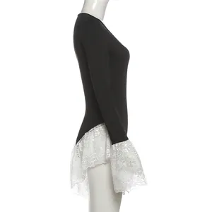 Side view detail of a chic slim fit long sleeve bodysuit featuring elegant white lace trim.