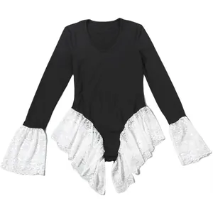 Detail of black slim-fit bodysuit featuring elegant white lace ruffles at cuffs and hem