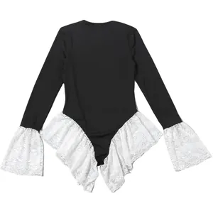 Chic black long-sleeved bodysuit with white lace ruffled bell sleeves and hem details