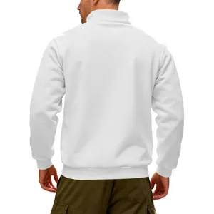 Close-up back view of a men's heavy white half-zip stand-up collar fleece sweatshirt