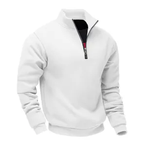 Detailed close-up of a white men's heavyweight half-zip fleece sweatshirt with a stand collar
