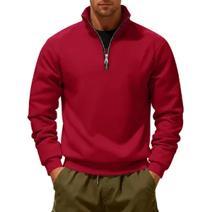 Detail of men's red half-zip sweatshirt featuring a stand collar and heavy fleece fabric.