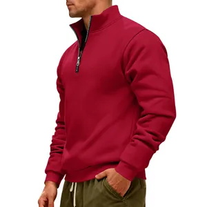 Side view of a men's heavyweight red half-zip fleece sweatshirt with stand collar.