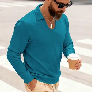 Polo décontracté à manches longues en maille gaufrée pour hommes bleu cyan à col rabattu