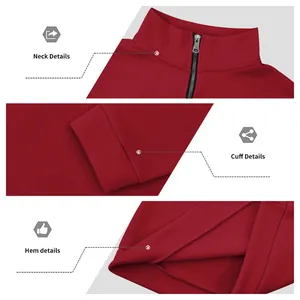 Detailed views of the neck, cuff, and hem on a red heavyweight half-zip fleece sweatshirt