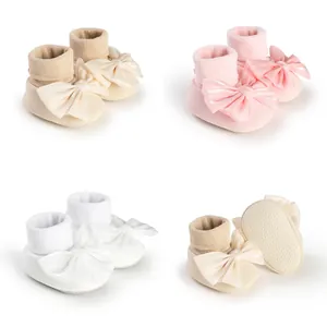 Baby Girl Winter Warm Thickened Fleece First Walkers Non-Slip Linen Satin Bow Infant Floor Sock Shoes