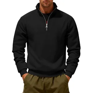 Macro detail of a mens black heavy fleece-lined sweatshirt with premium metal half-zipper