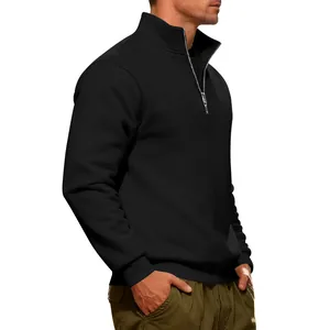 Detailed side view of a men's heavyweight black half-zip fleece-lined sweatshirt.