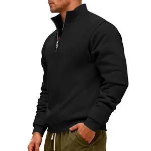 Detailed side view of men's heavyweight black half-zip sweatshirt with stand collar