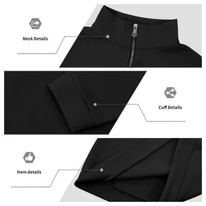 Detailed views of men's black half-zip sweatshirt showing neck, cuff, and hem quality