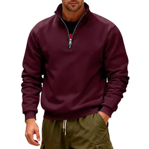 Detail of men's burgundy heavy half-zip sweatshirt with stand collar and metal zipper