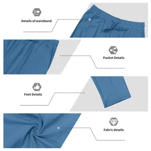 Dettagli della cintura, delle tasche e della trama del tessuto dei pantaloni sportivi blu.
