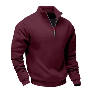 Detail view of men's burgundy heavy weight quarter-zip sweatshirt with fleece lining