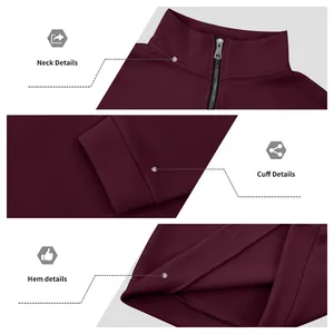 Macro view showing neck zipper, ribbed cuffs, and hem details of maroon sweatshirt