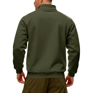 Detailed back view of a heavyweight olive green half-zip fleece sweatshirt for men