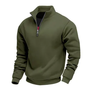Detail view of heavyweight olive green half-zip stand collar fleece-lined sweatshirt for men
