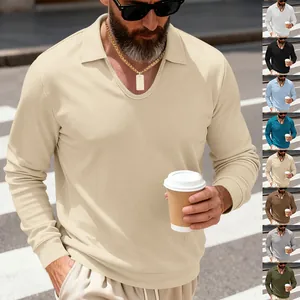 Polo Homme à Manches Longues en Maille Gaufre Épaisse Coupe Décontractée Rétro Américain Col en V T-Shirt Streetwear Décontracté