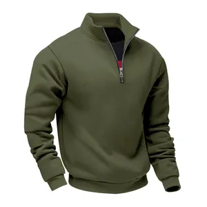 Detailed view of the olive green half-zip stand collar fleece pullover sweatshirt