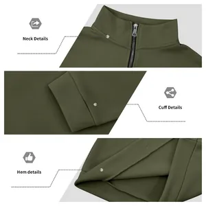 Close-up of neck, cuff, and hem details on an olive green half-zip fleece sweatshirt.
