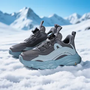 Breathable girls running sneakers with rotating buckle system on snowy mountain background