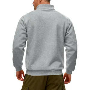 Detailed back view of a grey heavy fleece half-zip stand collar sweatshirt for men