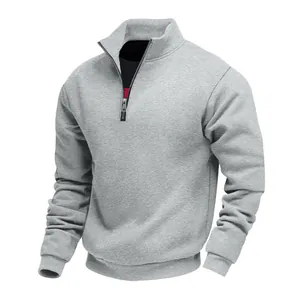 Grey heavy-weight men's half-zip sweatshirt with stand collar and ribbed cuffs